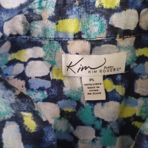 Kim Rogers Petite Large Linen Button Front Shirt Blue Green Abstract Print Roll - Picture 2 of 5